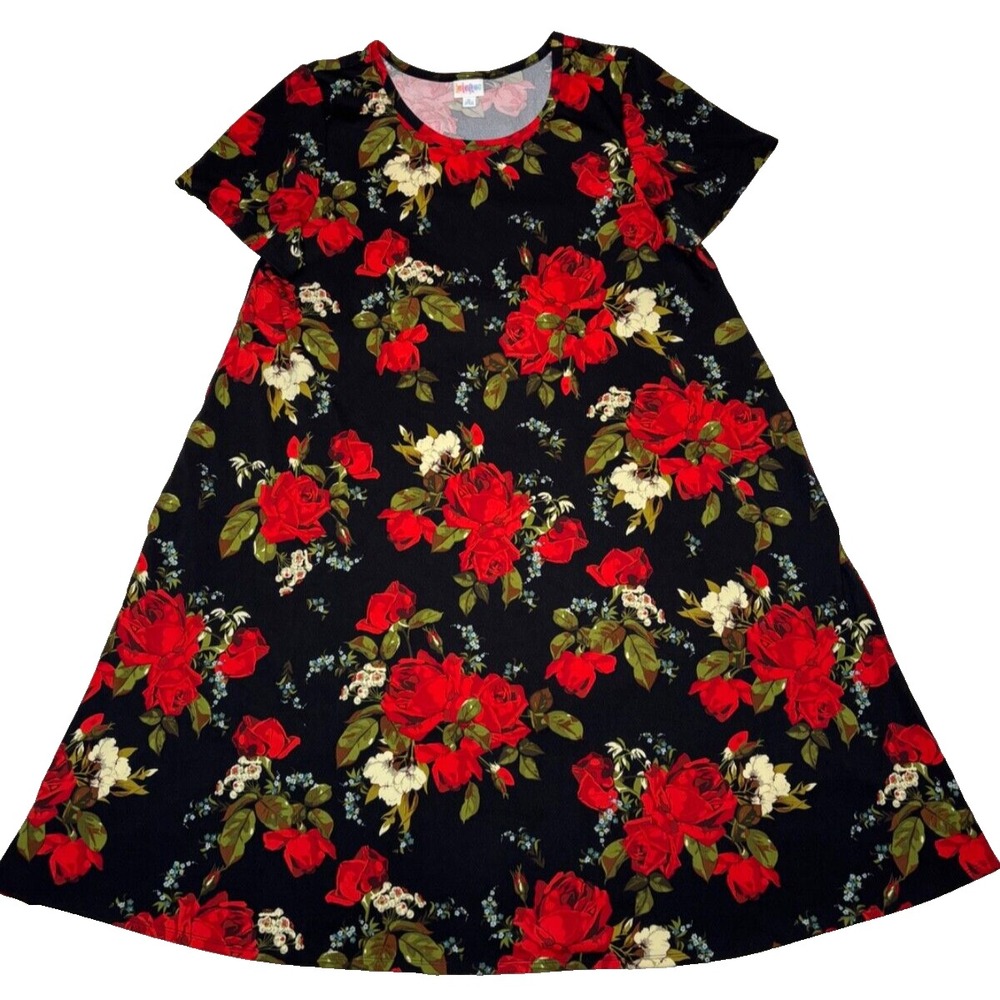 LuLaRoe Womens Jessie Dress Large Black Red Roses Floral Scuba Pockets NWT